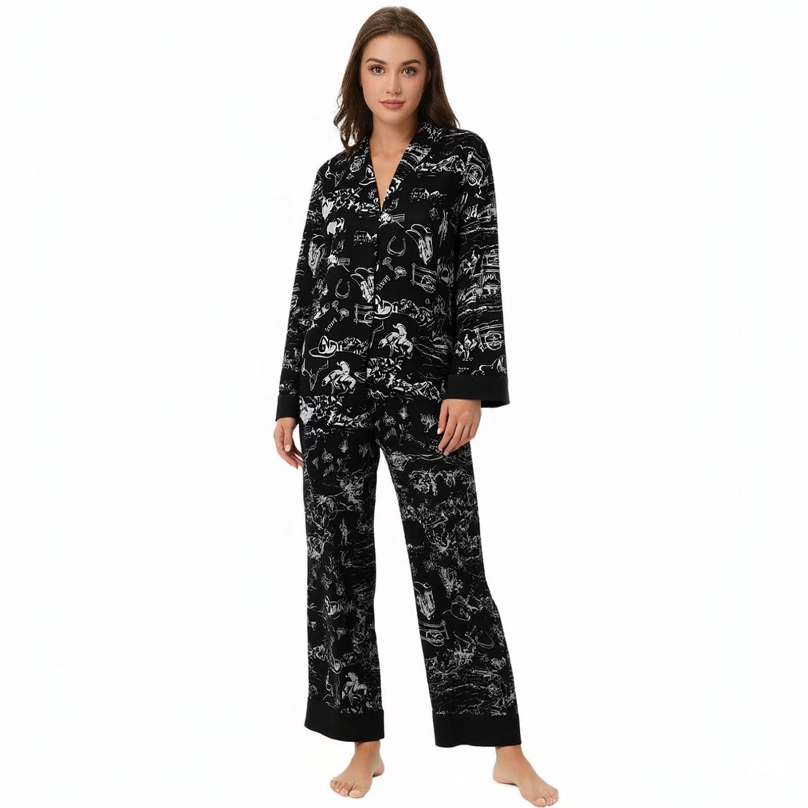 XIAOCHA Western Print Long Sleeve Pajama Set for Women Notched Collar ...
