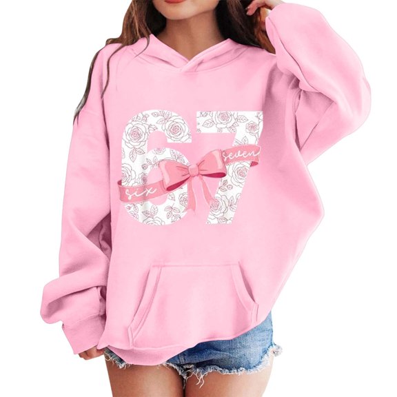 XIAOCHA WoMen's Oversized Hoodie White "67" Graphic with Pink Bow Long-Sleeve Pullover Sweatshirt Comfortable Loose-Fit Casual Hooded Top