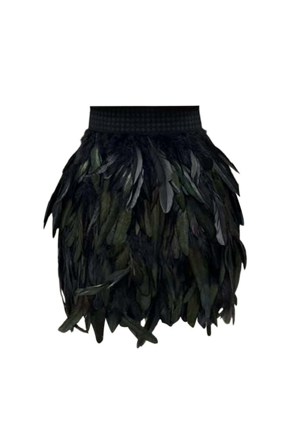 Women Black Feather Mini Skirt Elastic Waist Layered Textured Skirt Party Festival Stage Wear Skirt