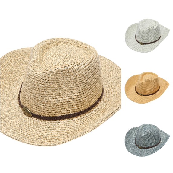 XIAOCHA Women Braided‑Badge‑Band Straw‑Weave Cowboy Hat Solid Beach‑Trip Western Hat Road‑Trip Western Cowboy Hat,Beige