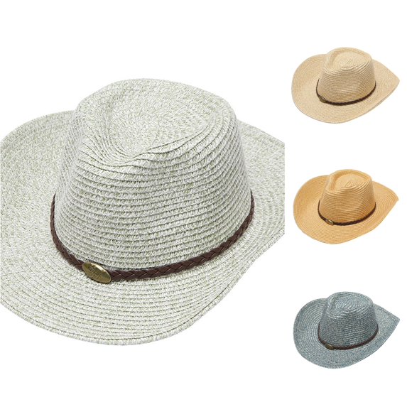 XIAOCHA Women Braided‑Badge‑Band Straw‑Weave Cowboy Hat Solid Beach‑Trip Western Hat Road‑Trip Western Cowboy Hat,Grey