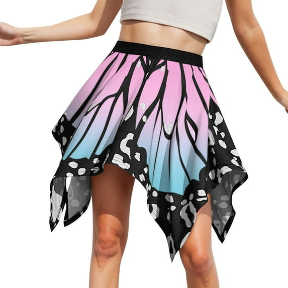 XIAOCHA Women Butterfly Wing Print Mini Skirt Elastic Waist Asymmetric Hem Flared Skirt Costume Rave Festival Party Wear Skirt