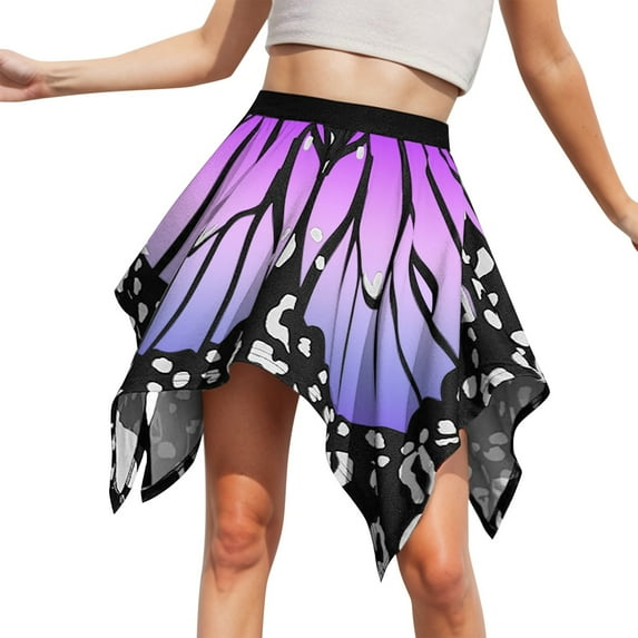 XIAOCHA Women Butterfly Wing Print Mini Skirt Elastic Waist Asymmetric Hem Flared Skirt Costume Rave Festival Party Wear Skirt
