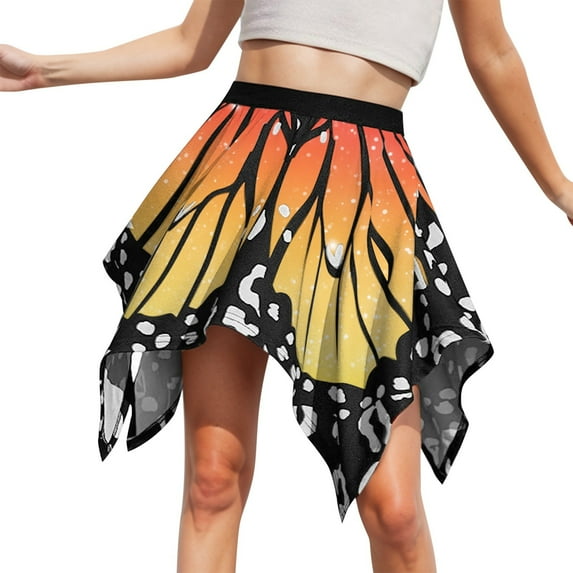 XIAOCHA Women Butterfly Wing Print Mini Skirt Elastic Waist Asymmetric Hem Flared Skirt Costume Rave Festival Party Wear Skirt