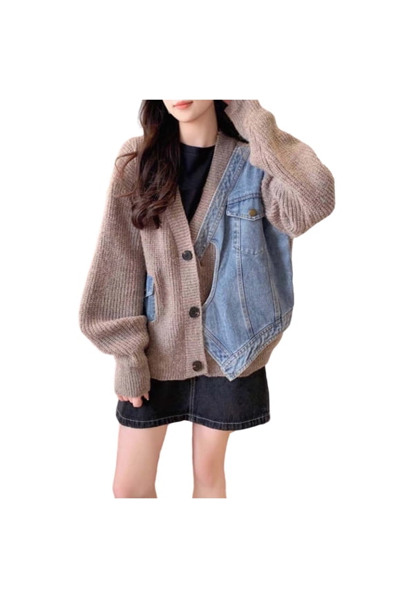 Women Cardigans Sweaters Sweaters Button Up Front Denim Patchwork Knitted Sweater Cardigan Casual Loose Fit Long Sleeve Streetwear Outwear