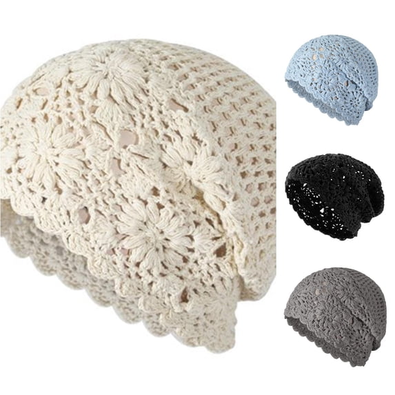 XIAOCHA Women Crochet‑Lace Beanie Bohemian Solid Knit Crochet Slouchy Hat Handmade Summer Cap,Beige