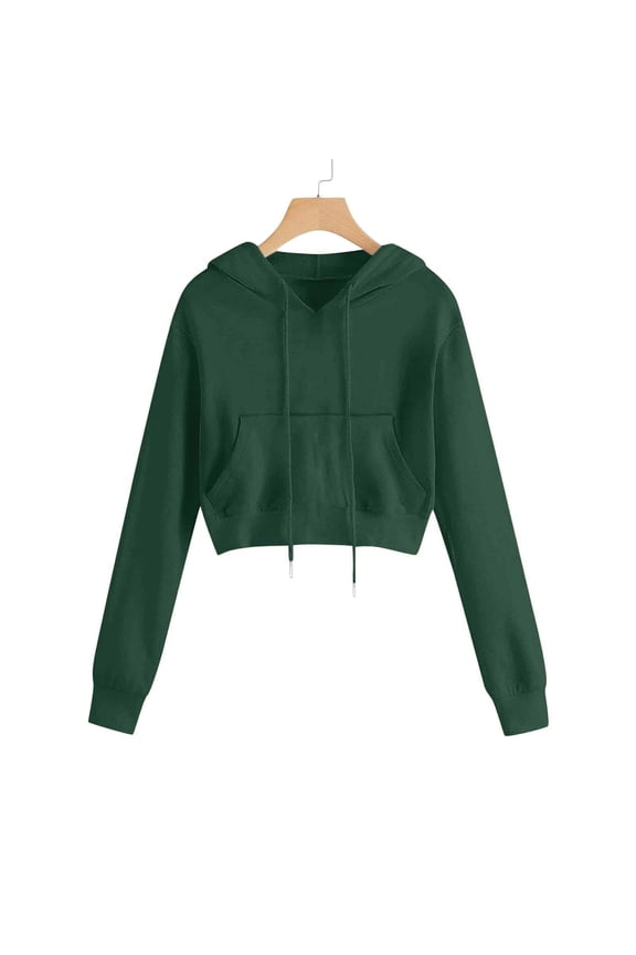 Women Cropped Hoodie Kangaroo Pocket Pullover Top Trendy Casual Streetwear Athletic Hoodies