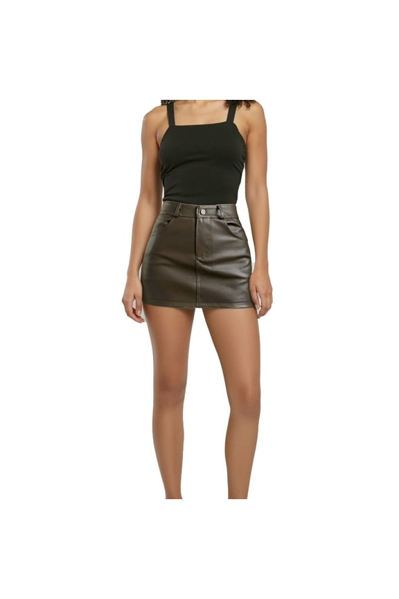 Women Leather Mini Skirt High Waist Pocketed Solid Skirt Casual Club Daily Wear Skirt
