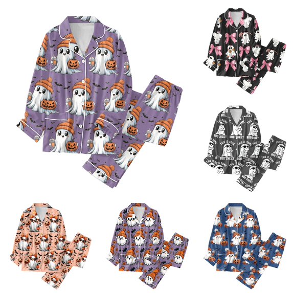 XIAOCHA Women Halloween Print Pajama Set Long Sleeve Button Down Sleep Pant Set