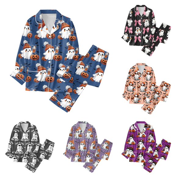 XIAOCHA Women Halloween Print Pajama Set Long Sleeve Button Down Sleep Pant Set