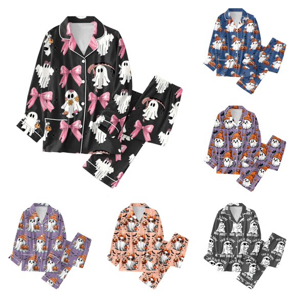 XIAOCHA Women Halloween Print Pajama Set Long Sleeve Button Down Sleep Pant Set