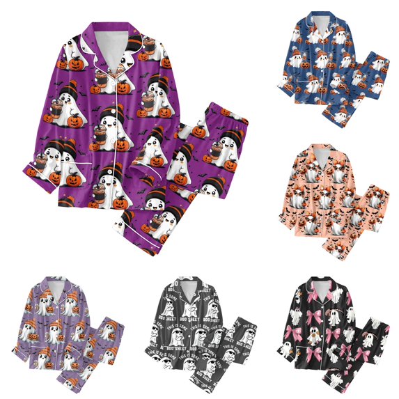 XIAOCHA Women Halloween Print Pajama Set Long Sleeve Button Down Sleep Pant Set