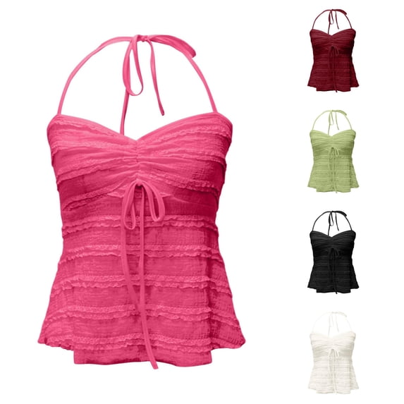 XIAOCHA Women Lace Halter Tank Top Tie Back Ruched Sleeveless Party Vest Tops