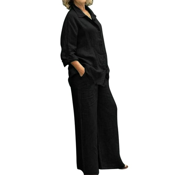 XIAOCHA Women Linen Two Piece Outfit Button Down Square Neckline Shirt Wide Leg Pants Casual Daily Wear Sets