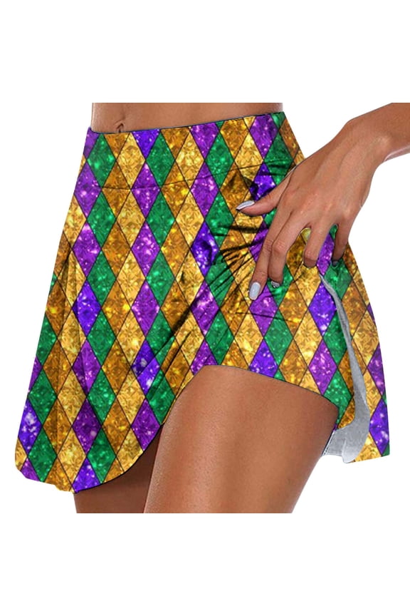 Women Mardi Gras Argyle Print Mini Skort High Waist Stretchy Flowy Athletic Skirt Casual Party Festival Daily Wear Skirt