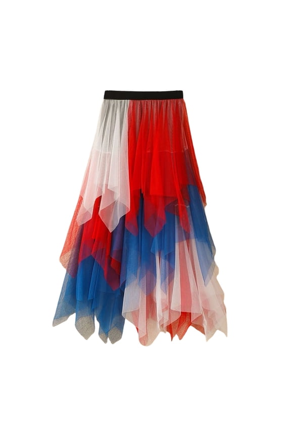 Women Peacock Ombre Tulle Maxi Skirt Elastic Waist Layered Asymmetric Flowy Skirt Casual Party Holiday Event Wear Skirt