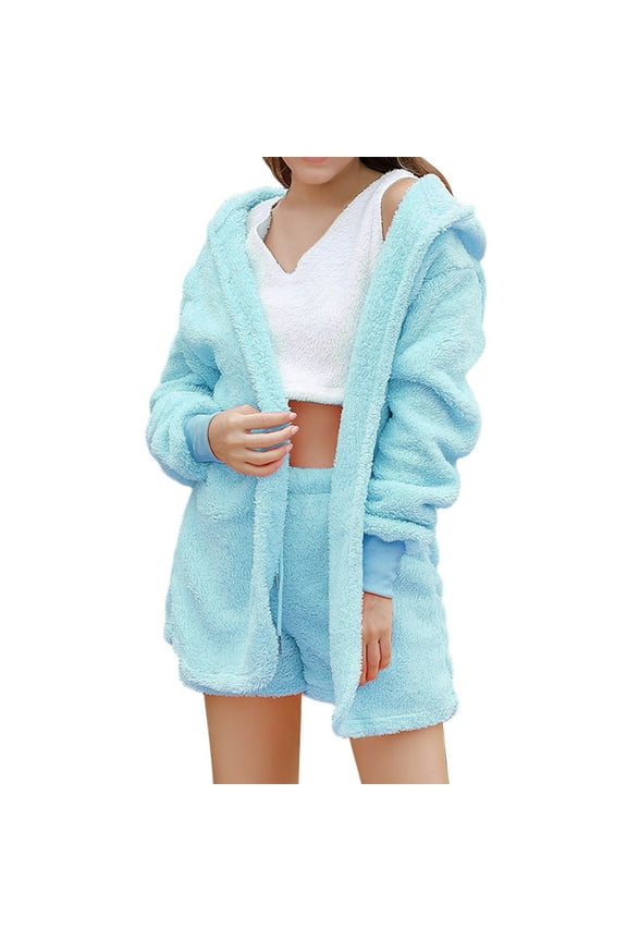 Women Plush Loungewear Set Hooded Open Front Cardigan Elastic Waist Shorts Cozy Casual Sleepwear for Lounging Nights