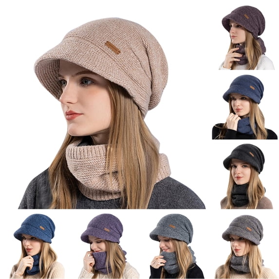 XIAOCHA Women’S Brim‑Attached Beanie Solid Casual Fall‑Winter Toque,A