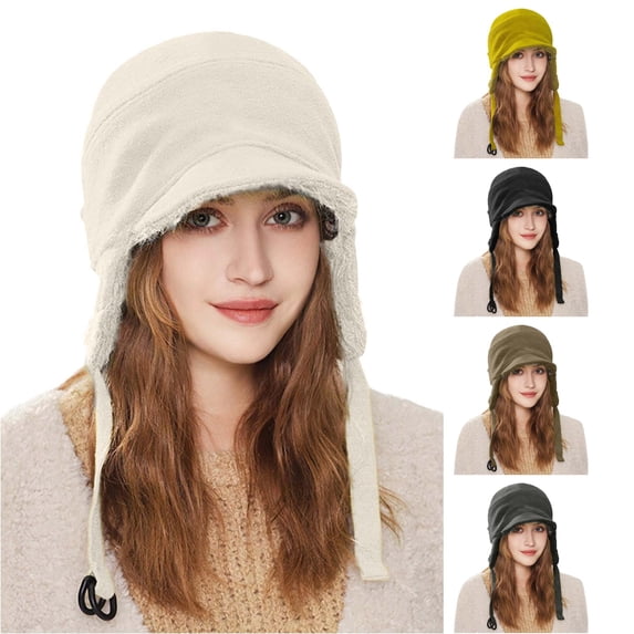 XIAOCHA Women’S Brimmed Ear‑Flap Beanie,Fleece‑Lined Fall‑Winter Outdoor Trapper,Beige