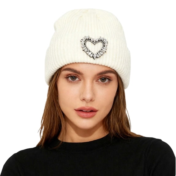 XIAOCHA Women’S Chic Heart‑Gem Beanie,Rhinestone‑Trim Fall‑Winter Outdoor Toque,White