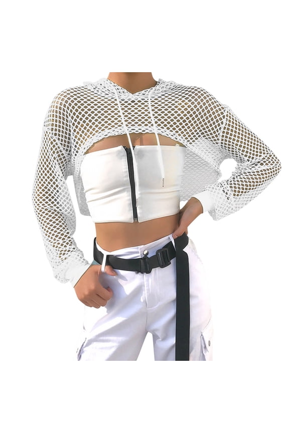 Women's Fishnet Crop Hoodie Sheer Mesh Cropped Fit Top Edgy Streetwear Hollow Out Hoodies