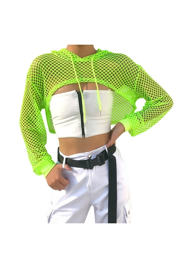 Women's Fishnet Crop Hoodie Sheer Mesh Cropped Fit Top Edgy Streetwear Hollow Out Hoodies