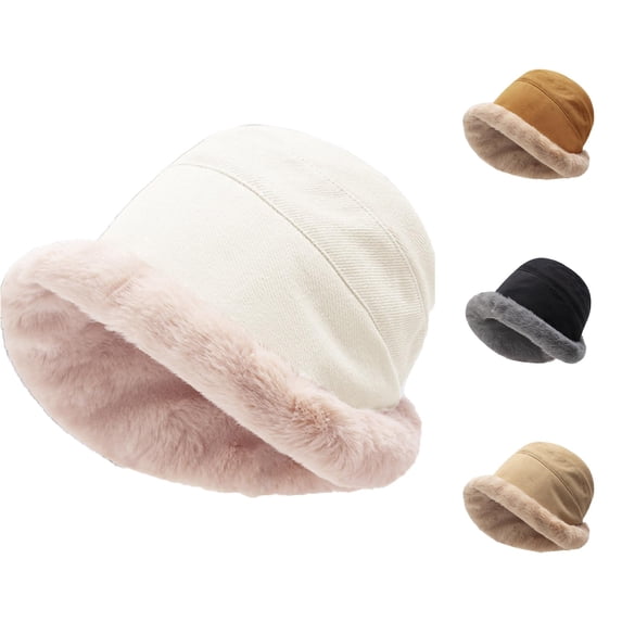 XIAOCHA Women’S Fleece‑Trim Bucket Hat Solid Hats Outdoor Fall‑Winter Toque,White
