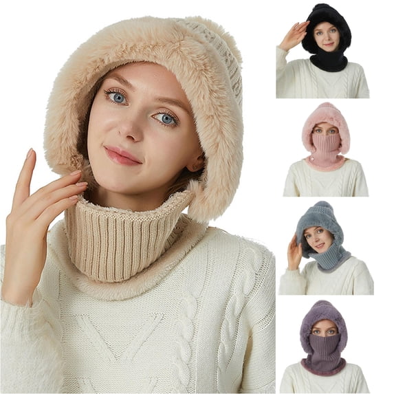 XIAOCHA Women’S Fur‑Trim Earflap Neck‑Gaiter Set Solid Hats Outdoor Fall‑Winter Bonnet,Beige