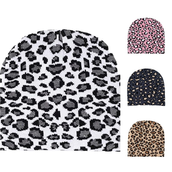 XIAOCHA Women’S Leopard‑Print Beanie Jacquard‑Knit Fall‑Winter Outdoor Toque,White