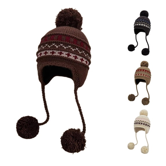 XIAOCHA Women’S Multi‑Pom Earflap Trapper,Geo‑Knit Hats,Fall‑Winter Outdoor Skullcap,Coffee