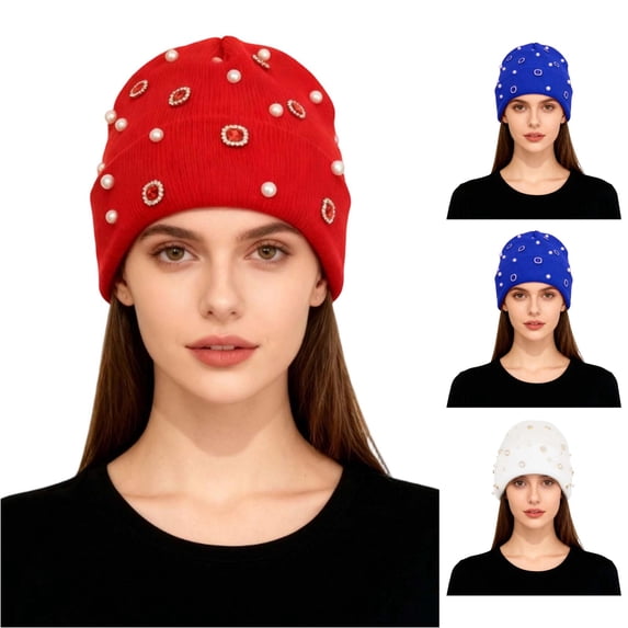 XIAOCHA Women’S Pearl‑Gem Beanie,Rhinestone‑Trim Fall‑Winter Outdoor Toque,Red