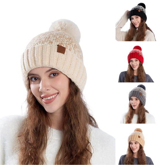 XIAOCHA Women’S Pom‑Pom Beanie,Knit‑Rib Fall‑Winter Outdoor Toque,Beige