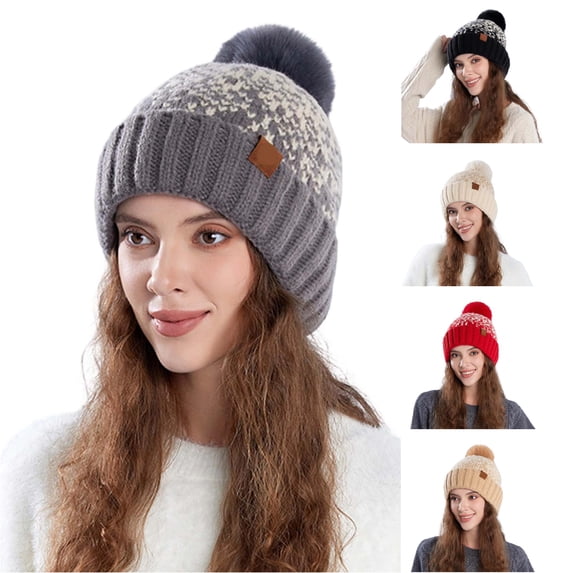 XIAOCHA Women’S Pom‑Pom Beanie,Knit‑Rib Fall‑Winter Outdoor Toque,Grey