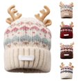 thumbnail image 1 of XIAOCHA Women’S Reindeer‑Antler Beanie，Fair‑Isle‑Knit Fall‑Winter Outdoor Toque,Beige, 1 of 4
