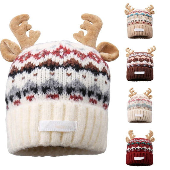 XIAOCHA Women’S Reindeer‑Antler Beanie,Fair‑Isle‑Knit Fall‑Winter Outdoor Toque,White