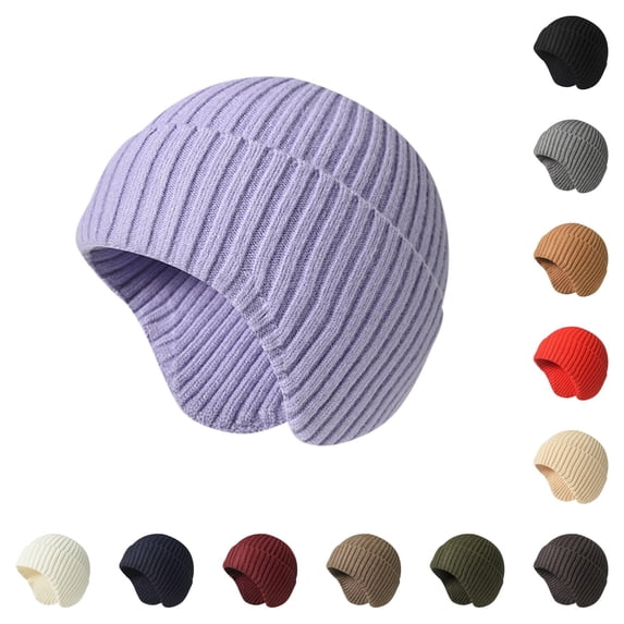 XIAOCHA Women’S Rib‑Knit Ear‑Cover Beanie Solid Hats Fall‑Winter Outdoor Toque,Light Purple