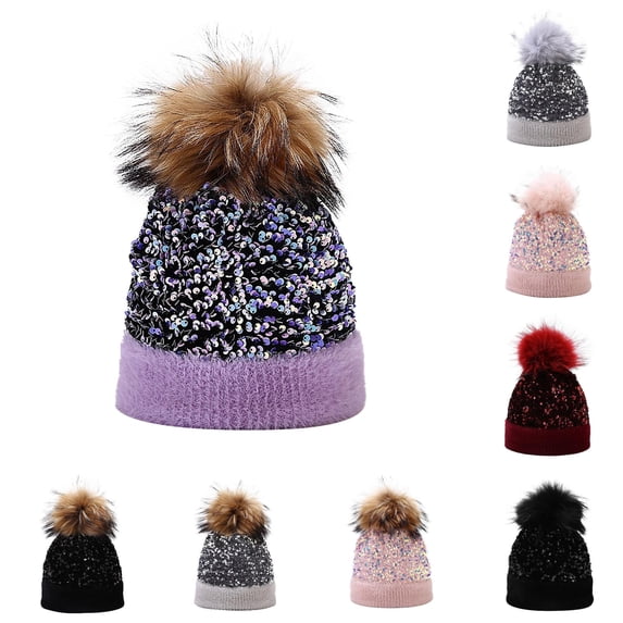 XIAOCHA Women’S Sequin Pom‑Pom Beanie Solid Hats Party Fall‑Winter Toque,Purple