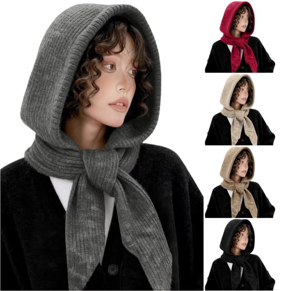 XIAOCHA Women’S Snug Hooded Beanie,Solid Rib‑Knit Fall‑Winter Outdoor Scarfhat,Grey