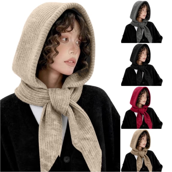 XIAOCHA Women’S Snug Hooded Beanie,Solid Rib‑Knit Fall‑Winter Outdoor Scarfhat,White