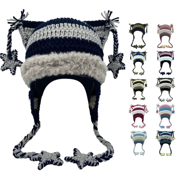 XIAOCHA Women’S Star‑Tassel Earflap Trapper,Crochet‑Knit Hats,Fall‑Winter Outdoor Skullcap,Dark Gray