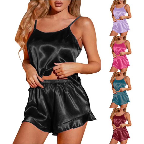 XIAOCHA Women Satin Cami Set Ruffle Hem Shorts Sleeveless Nightwear Two Piece