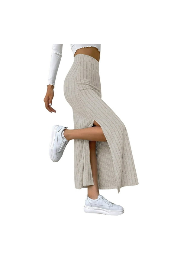 Women Solid Ribbed Maxi Skirt High Waisted Split Hem Fabric Skirt Stretchy Casual Wear Ribbed Maxi Skirts Beige