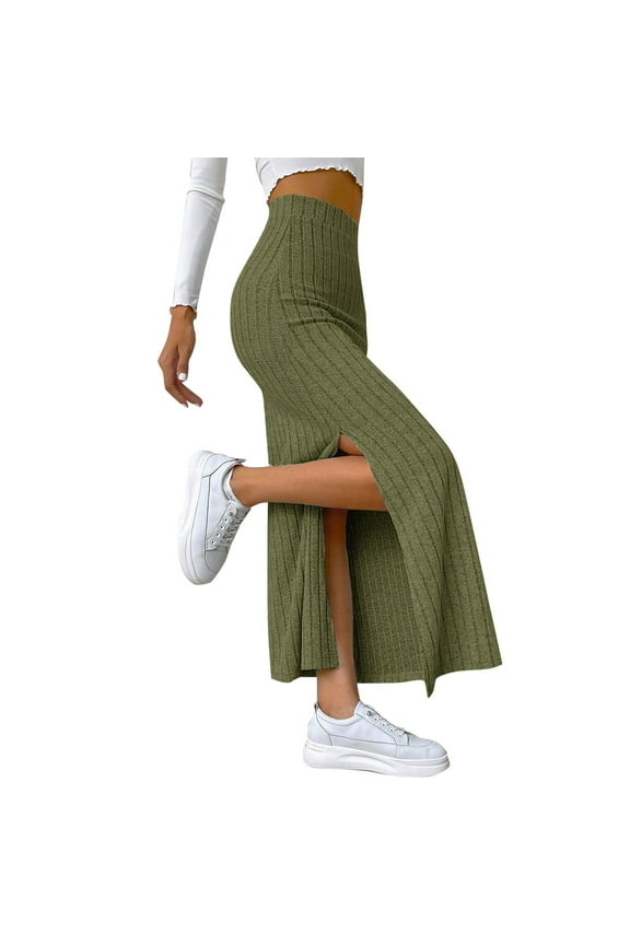 Women Solid Ribbed Maxi Skirt High Waisted Split Hem Fabric Skirt Stretchy Casual Wear Ribbed Maxi Skirts Green