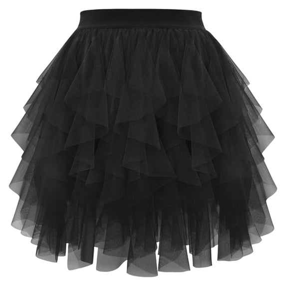 XIAOCHA Women Solid Ruffled Tulle Mini Skirt Asymmetrical Layered Mesh Skirt Edgy Party Wear Ruffled Tulle Mini Skirts Black