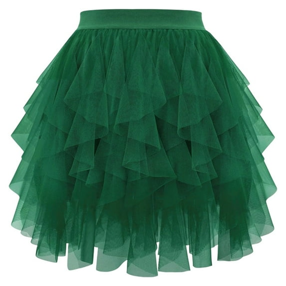 XIAOCHA Women Solid Ruffled Tulle Mini Skirt Asymmetrical Layered Mesh Skirt Edgy Party Wear Ruffled Tulle Mini Skirts Dark Green