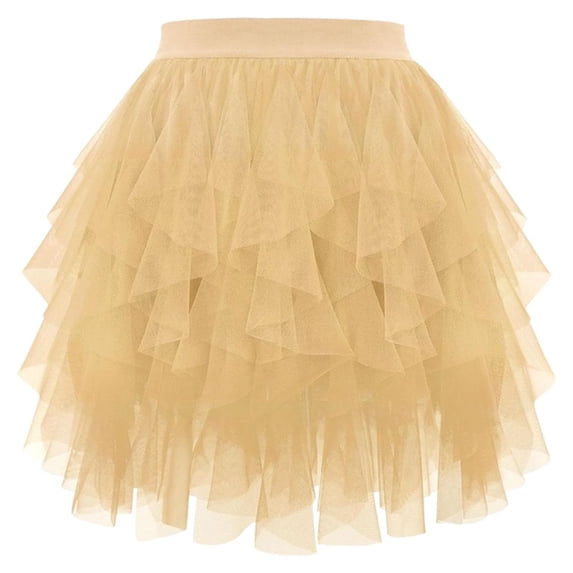 XIAOCHA Women Solid Ruffled Tulle Mini Skirt Asymmetrical Layered Mesh Skirt Edgy Party Wear Ruffled Tulle Mini Skirts Gold
