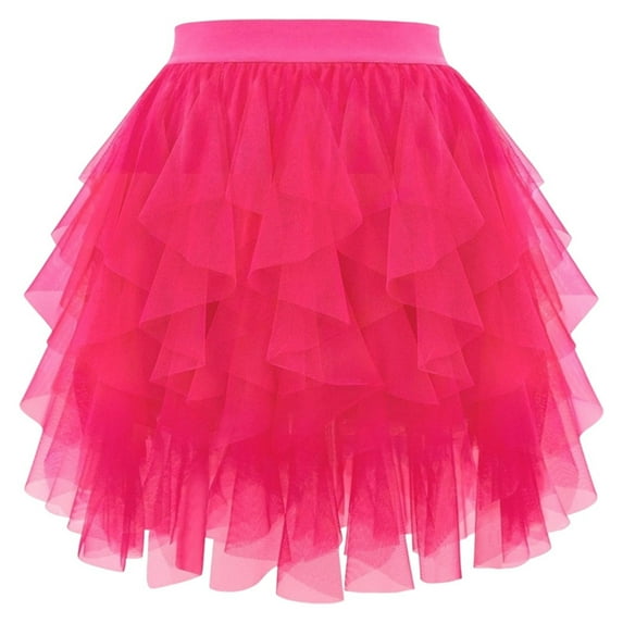 XIAOCHA Women Solid Ruffled Tulle Mini Skirt Asymmetrical Layered Mesh Skirt Edgy Party Wear Ruffled Tulle Mini Skirts Hot Pink