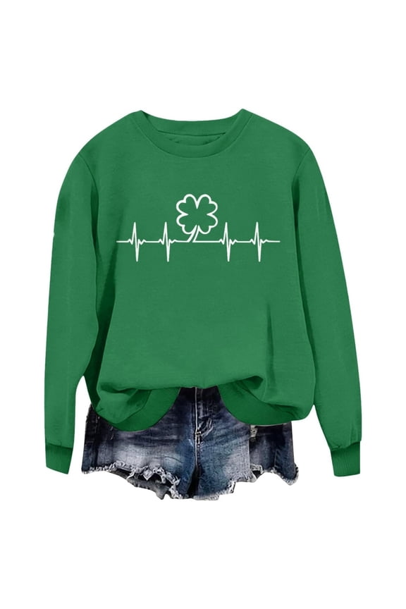 Women St Patrick's Day Crewneck Sweatshirt Drop Shoulder Heartbeat Clover Graphic Pullover Top Casual Holiday Wear Sweatshirts Green