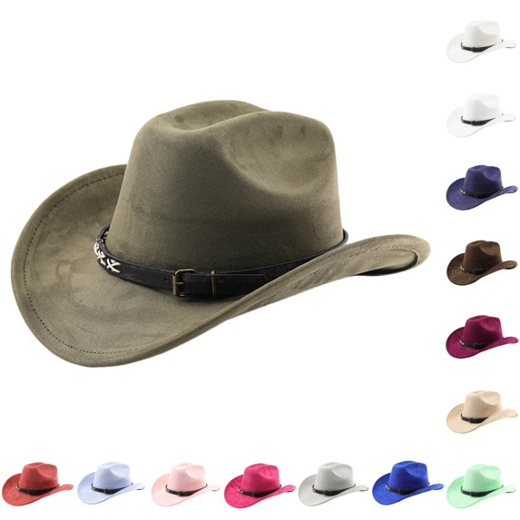 XIAOCHA Women's Adjustable Buckle Band Suede Cowboy Hat Solid Wide Brim Western Hats Horse Riding Cowgirl Hat,Army Green