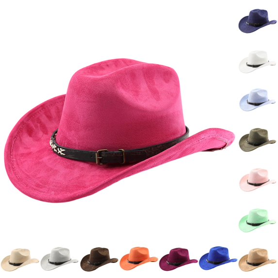 XIAOCHA Women's Adjustable Buckle Band Suede Cowboy Hat Solid Wide Brim Western Hats Horse Riding Cowgirl Hat,Hot Pink